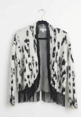 Fringe Open-Front Women's Cardigan Shrug in Black & White